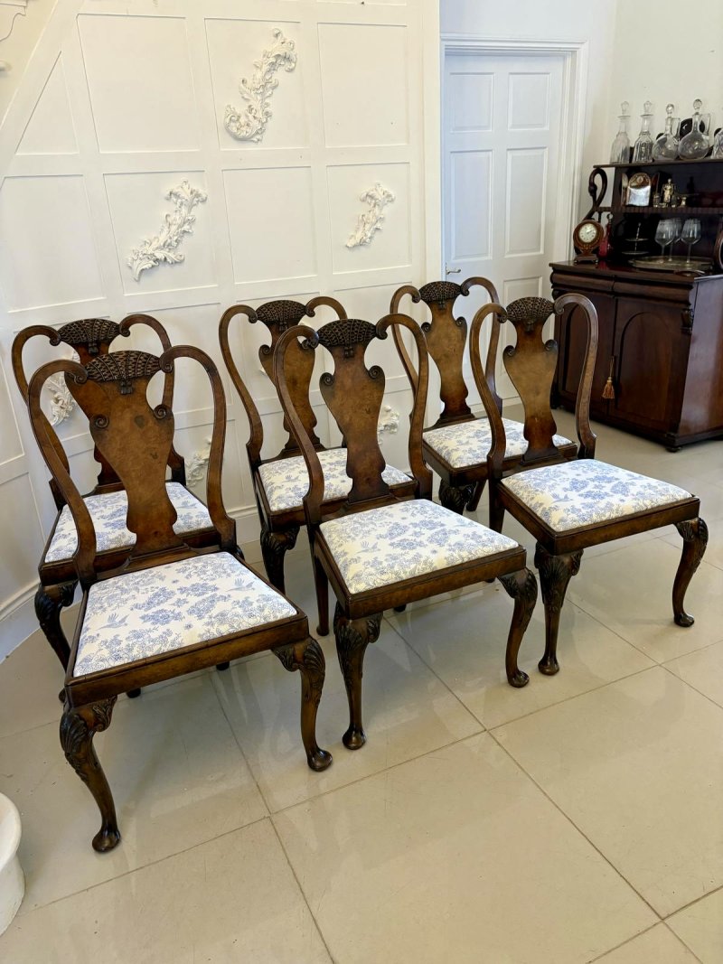 Superb Quality Set of 6 Antique Victorian Carved Burr Walnut Dining Chairs